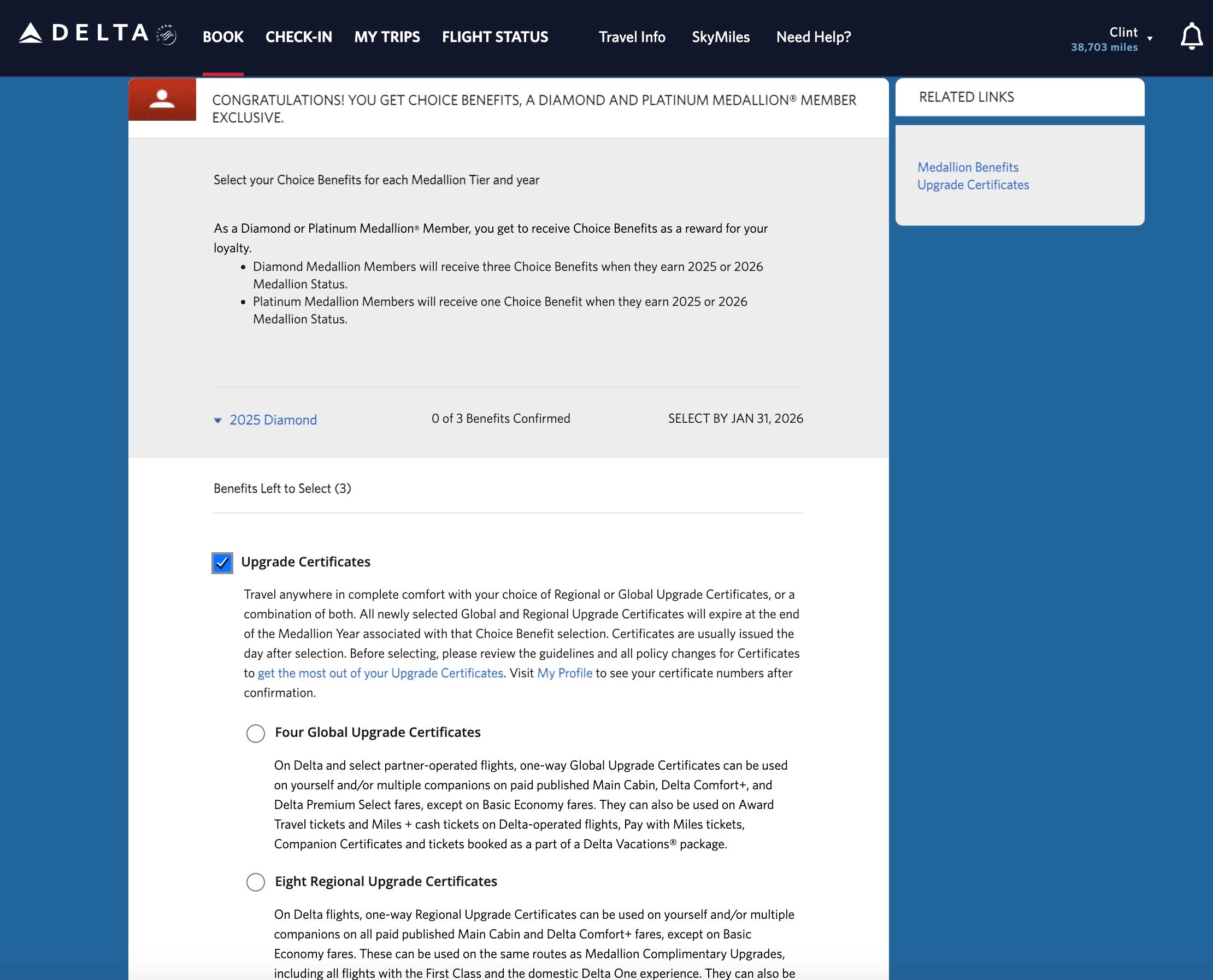 Delta Choice Benefits selection page. DELTA AIR LINES